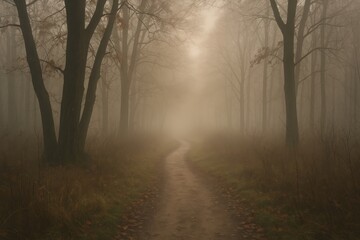 Obraz premium Misty forest path with trees.