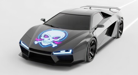 Futuristic Gray Supercar with a Luminous Neon Skull and Crossbones Decal