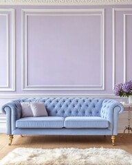 Light purple room, tufted sofa