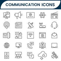 Communication icon set. Communication, connection, discussion, satellite, radio, antenna, speak, phone, satellight, mail, contact, chat, website and more. Solid icons collection, vector illustration.