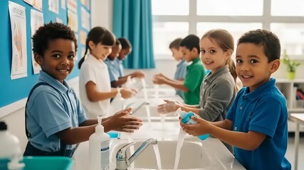 Children joyfully washing hands at a school sink, promoting hygiene with colorful soap and towels