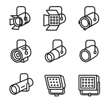 Spotlight Icon Set. Outline icon set of spotlight types: tungsten spotlight, halogen spotlight, LED spotlight, arc spotlight,