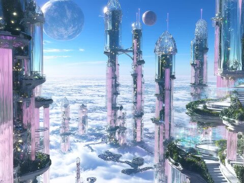 Dreamlike futuristic city floating amidst clouds with architectural marvels and celestial orbs