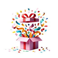 3d png a pink gift box with a red ribbon and colorful confetti exploding out of it, isolated on transparent background, symbolizing celebration and surprise transparent background