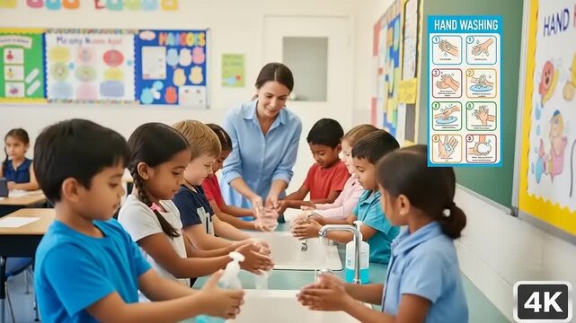 Children learning proper handwashing techniques in a classroom with educational posters in the background
