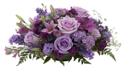 Beautiful purple and lilac floral arrangement of roses and lilies, isolated on transparent background