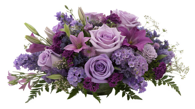 Beautiful purple and lilac floral arrangement of roses and lilies, isolated on transparent background