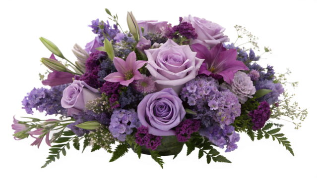 Beautiful purple and lilac floral arrangement of roses and lilies, isolated on transparent background