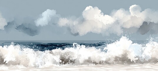 Coastal scene of a stormy sea. Soft, muted colors depict a wide, sweeping view of a beach.