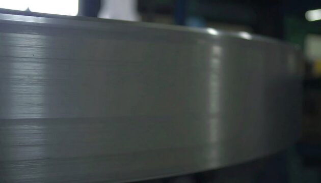 Close-up of a large, metallic coil with visible parallel lines and a reflective surface