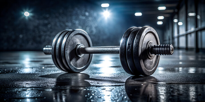 Heavy metal dumbbell on a wet, reflective floor in a dark, gritty gym with industrial lighting, symbolizing strength and intense workout - Powered by Adobe