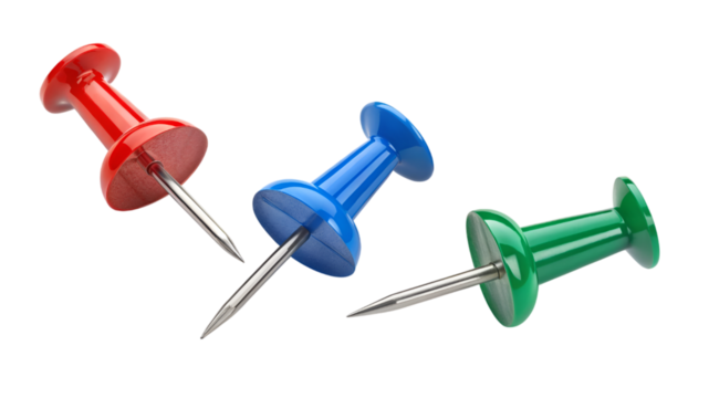 different colorful push pins set isolated on transparent background