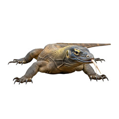Obraz premium A Komodo Dragon Crawling Slowly With Its Tongue Out on a White Background