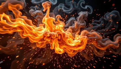 Dynamic orange and red swirling flames abstract art digital creation vibrant energy close-up view visual concept