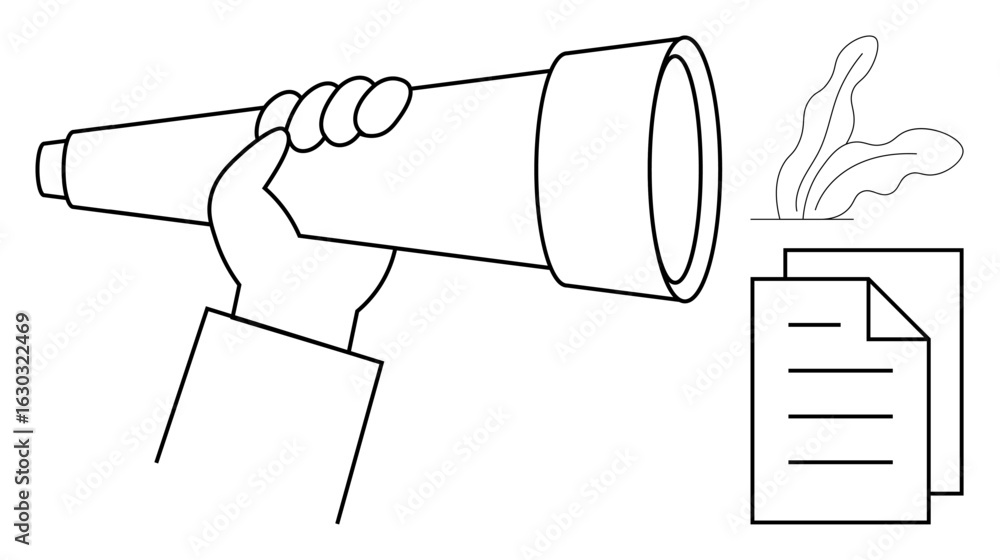 Poster hand gripping a telescope focusing on a stack of papers and abstract shapes. ideal for exploration, 