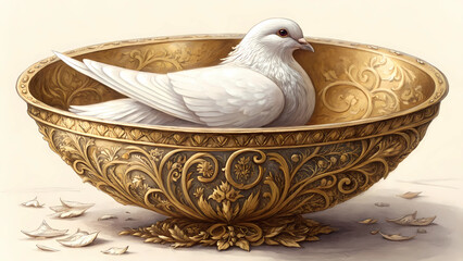 Fototapeta premium A white dove rests peacefully in an ornate golden bowl, symbolizing peace, love, and elegance, a beautiful and precious treasure of faith and serenity