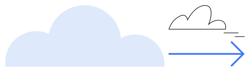 Large blue cloud connected to outlined cloud and arrow symbolizing transition, speed, and digital evolution. Ideal for cloud computing, data migration, networking, innovation, technology