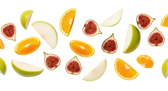 Creative flat lay composition of fresh orange, apple, and fig slices in a seamless border