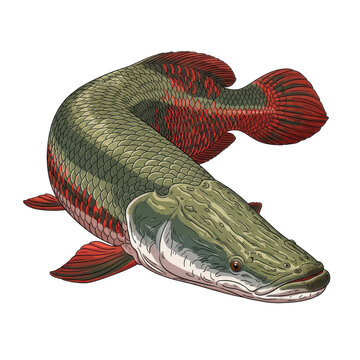 A majestic arapaima fish illustration with vibrant red and green scales on a white background.