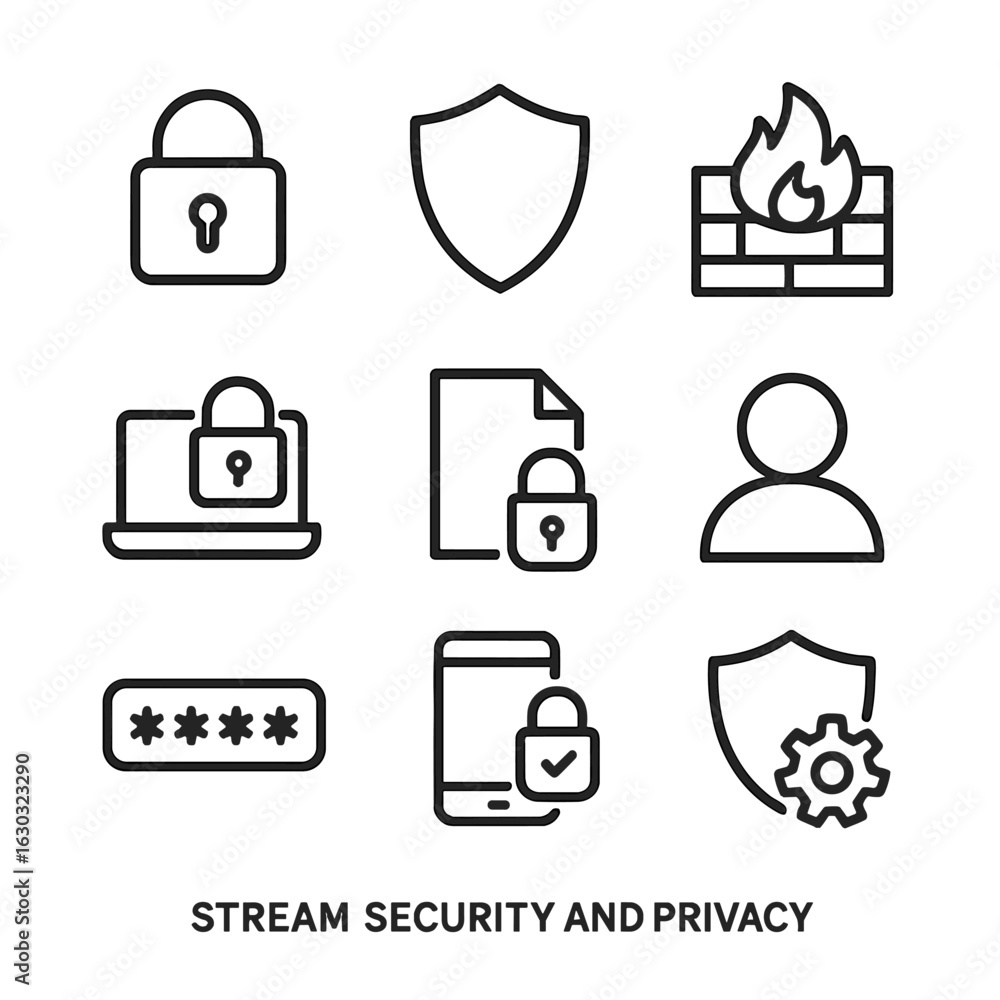 Poster stream security icons. outline icon set of stream security and privacy: padlock, shield, firewall, v