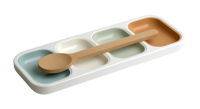 Four-compartment food tray with wooden spoon.  A rectangular tray, white with four square sections in pastel colors.  A light wooden spoon rests centrally.  Isolated, studio shot