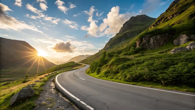 Scenic mountain road winding through lush green landscape at sunrise
