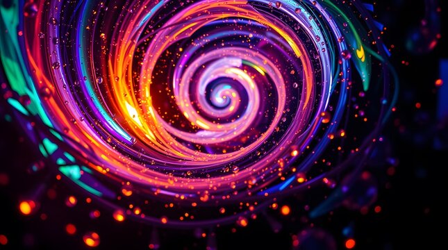 A vibrant abstract background featuring a swirling vortex of colorful neon lights, particles, and bokeh, creating a dynamic and energetic visual