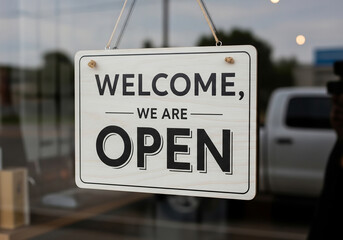 Welcome we are open sign hanging on glass door of business