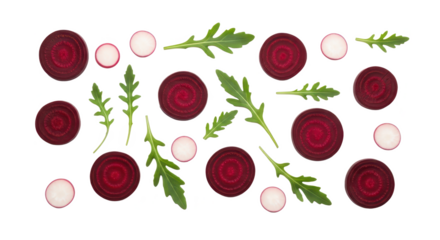 A fresh flat lay pattern of sliced beetroot, radish rounds, and arugula leaves on white