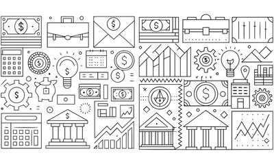 Finance & Banking Line Icons Set – Money Outline Symbols, Business Charts, Dollar Signs, and Financial Tools Vector

