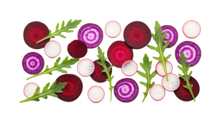 A fresh flat lay pattern of sliced beetroot, radish, and arugula leaves on white