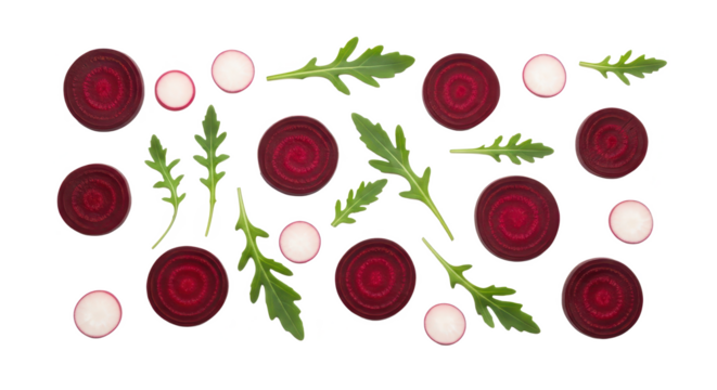 A fresh flat lay pattern of sliced beetroot, radish rounds, and arugula leaves on white