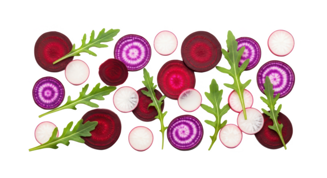 A fresh flat lay pattern of sliced beetroot, radish, and arugula leaves on white