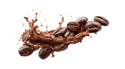 Roasted Coffee Beans Splashing in Fresh Coffee Liquid Isolated on Transparent Background