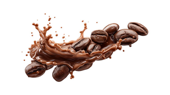 Roasted Coffee Beans Splashing in Fresh Coffee Liquid Isolated on Transparent Background