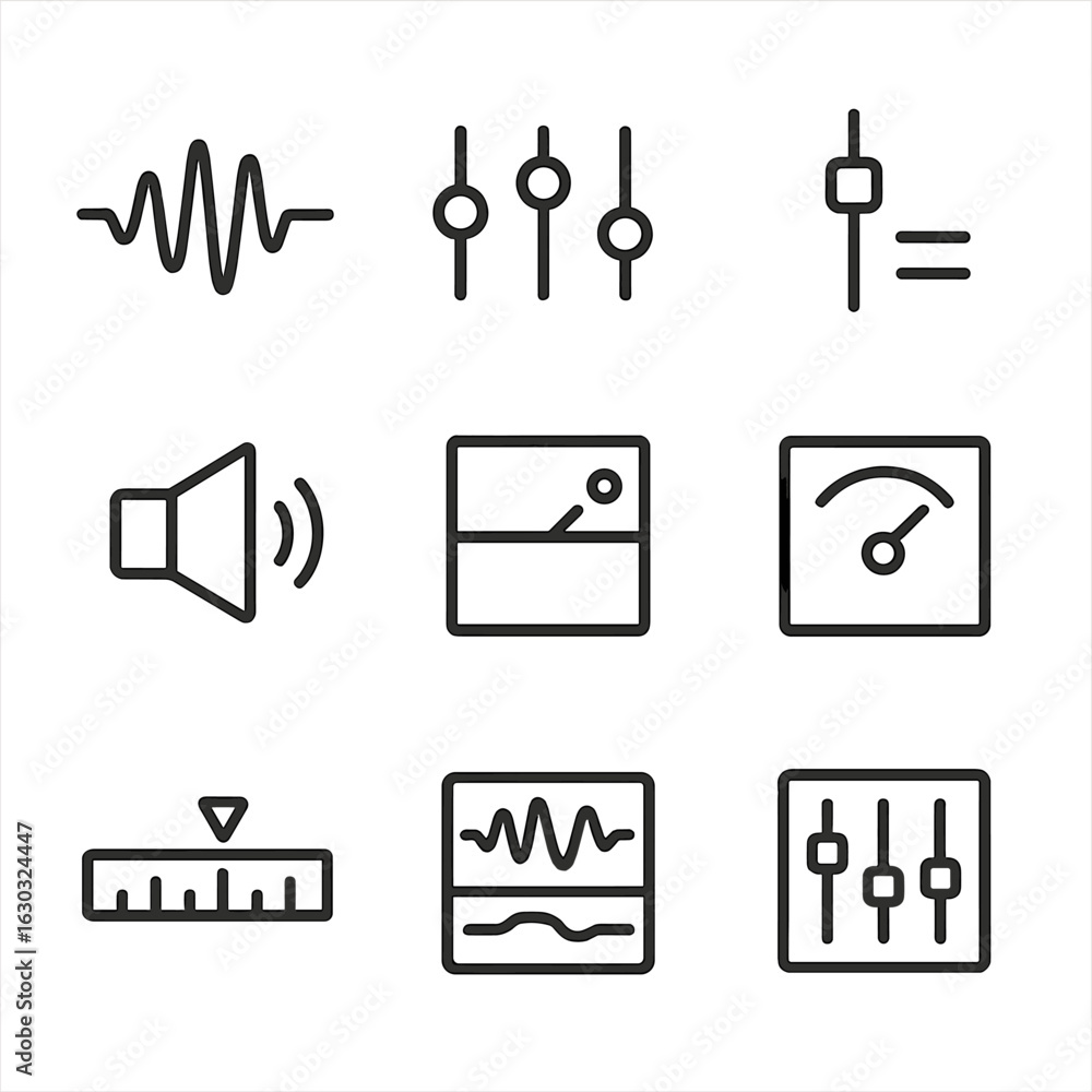 Poster studio software icons. outline icon set of recording studio software: audio wave, equalizer, fader, 