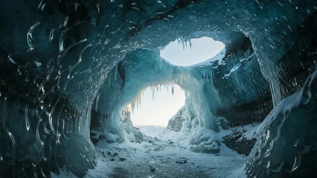Ice cave interior with blue glacial formations and light streaming in  