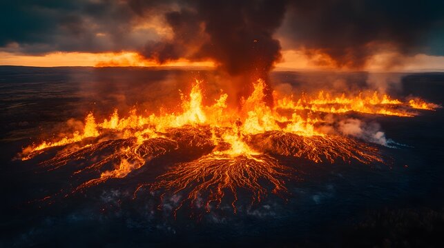 Dramatic volcanic eruption featuring fiery lava flows and a massive ash plume against a dark sky. Disaster Background. A powerful and visually stunning image of nature's raw power.