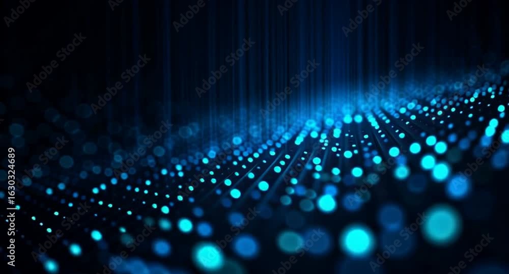 Poster abstract digital background with blue dots and glowing light effect on a dark space, a data technolo