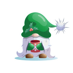 Christmas elf gnome holding warm drink in red cup, vector illustration
