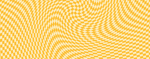 Curved yellow and orange color checkerboard vector design with a psychedelic 50s vibe. Seamless tile for print ideal for disco, 8-bit retro game themes, wallpaper, ornament and hand-drawn style.