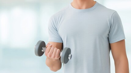 Male fitness enthusiast in light blue shirt is lifting a dumbbell in a bright, modern gym environment, showcasing strength training and healthy lifestyle choices