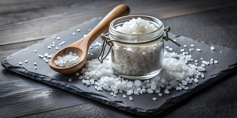 Coarse sea salt crystals in a glass jar with a wooden spoon on a slate plate, scattered salt on a dark wooden background, food photography