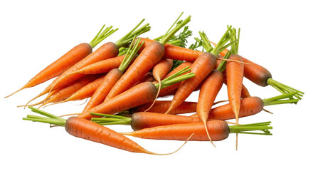 A vibrant pile of freshly harvested orange carrots with lush green stems on a clean white background.