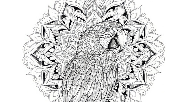 Intricate mandala design featuring a detailed parrot illustration