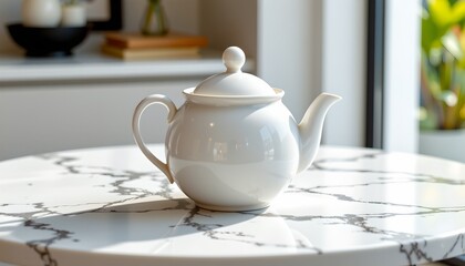 an elegant teapot is placed atop a polished marble countertop in a modern kitchen setting.