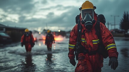 Obraz premium Firefighters in bright gear navigate floodwaters during a Disaster Background operation. An out-of-focus fire burns in the distance as they tackle a hazardous situation.