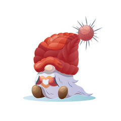 Scandinavian Christmas gnome in red hat with heart-shaped cookie, vector illustration