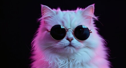 Cool Cat Fluffy White Persian with Sunglasses in Neon Glow with Dark Backdrop.