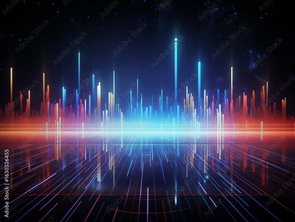 Poster dynamic digital cityscape with vibrant glowing data streams reflecting on futuristic grid